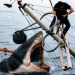 Un'immagine dall'adrenalinico epilogo de Lo squalo di Steven Spielberg (Jaws, USA 1975)